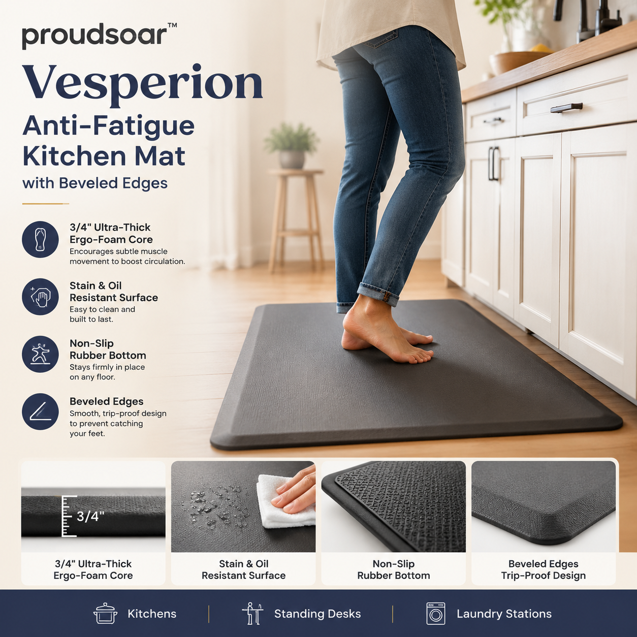 Proudsoar™ Vesperion Anti-Fatigue Kitchen Mat with Beveled Edges