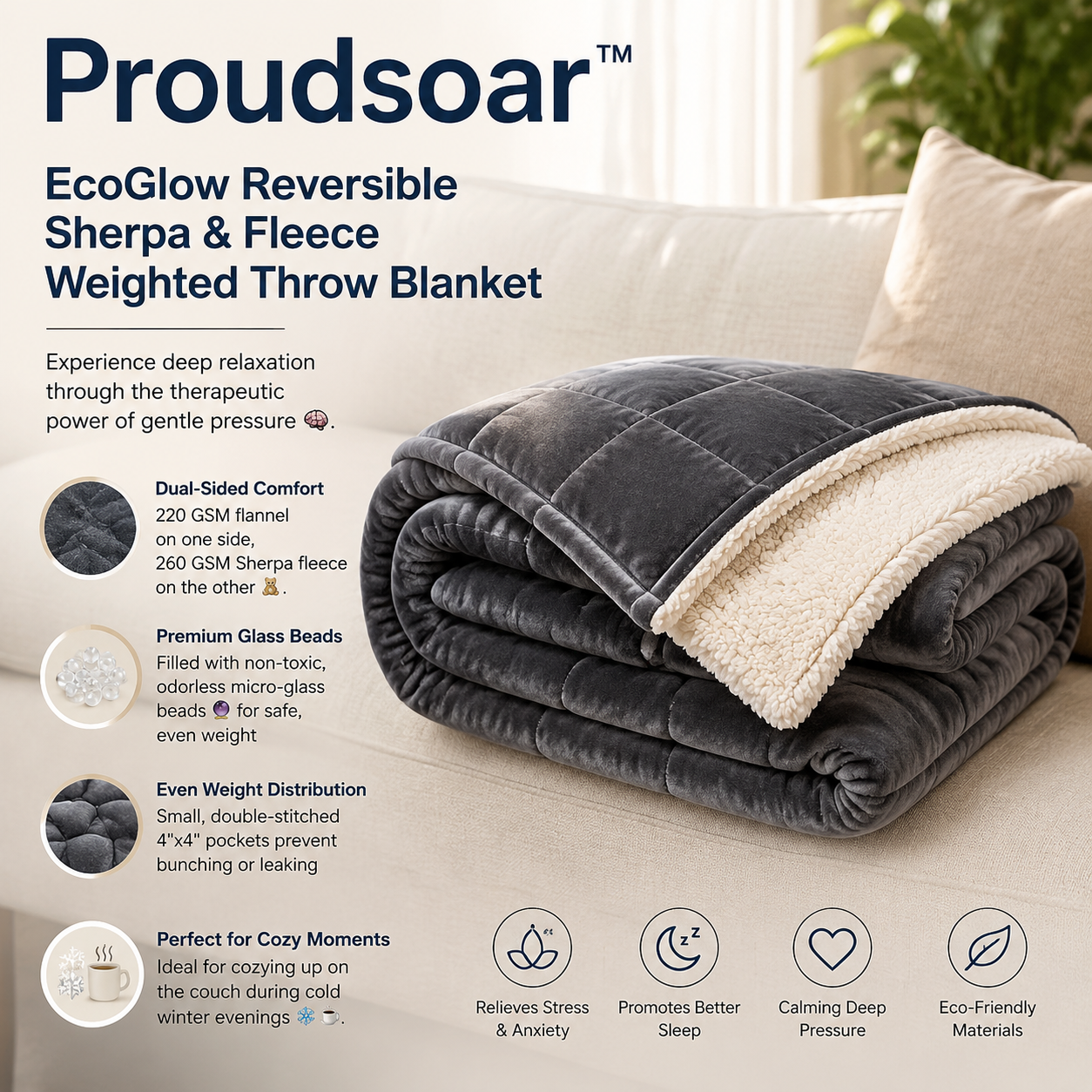 Proudsoar™ EcoGlow Reversible Sherpa &amp; Fleece Weighted Throw Blanket