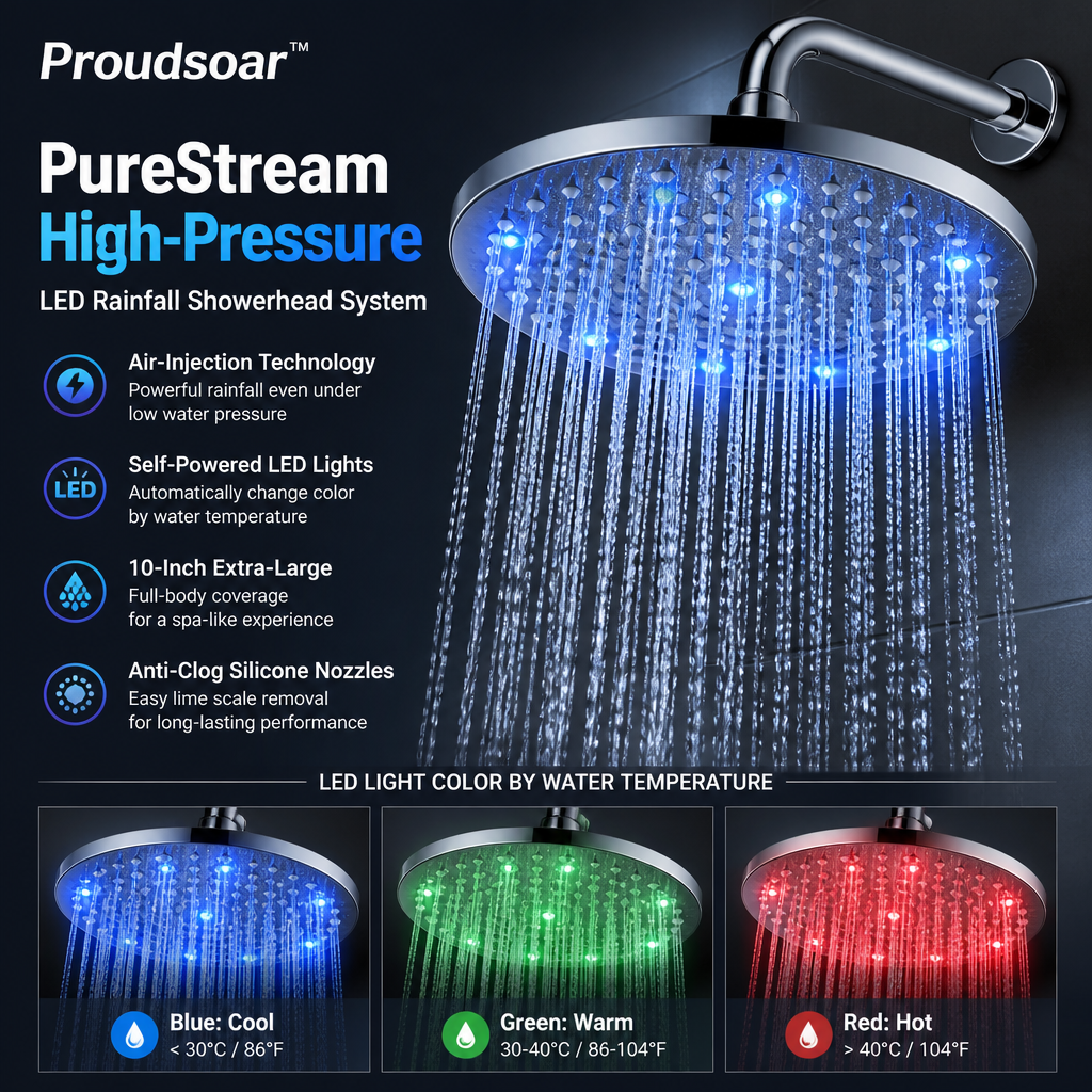 Proudsoar™ PureStream High-Pressure LED Rainfall Showerhead System