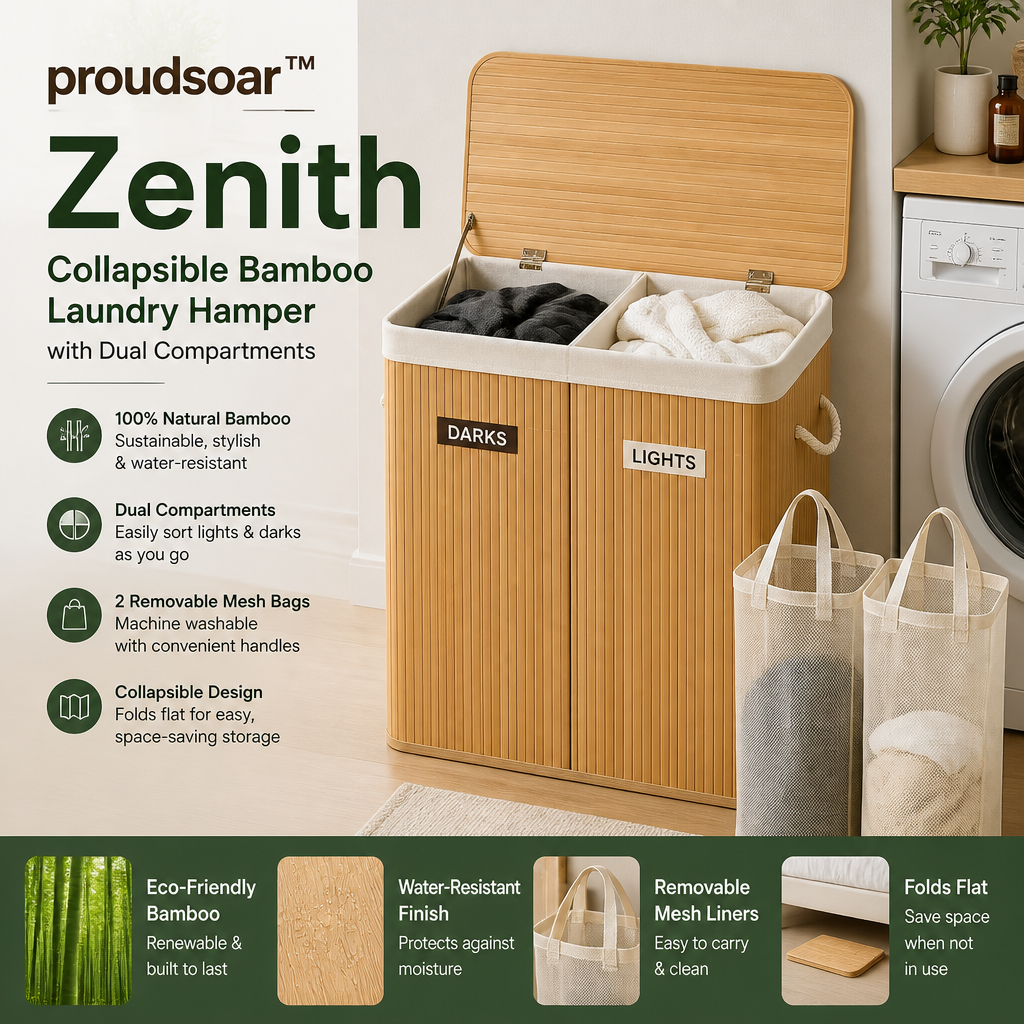 Proudsoar™ Zenith Collapsible Bamboo Laundry Hamper with Dual Compartments