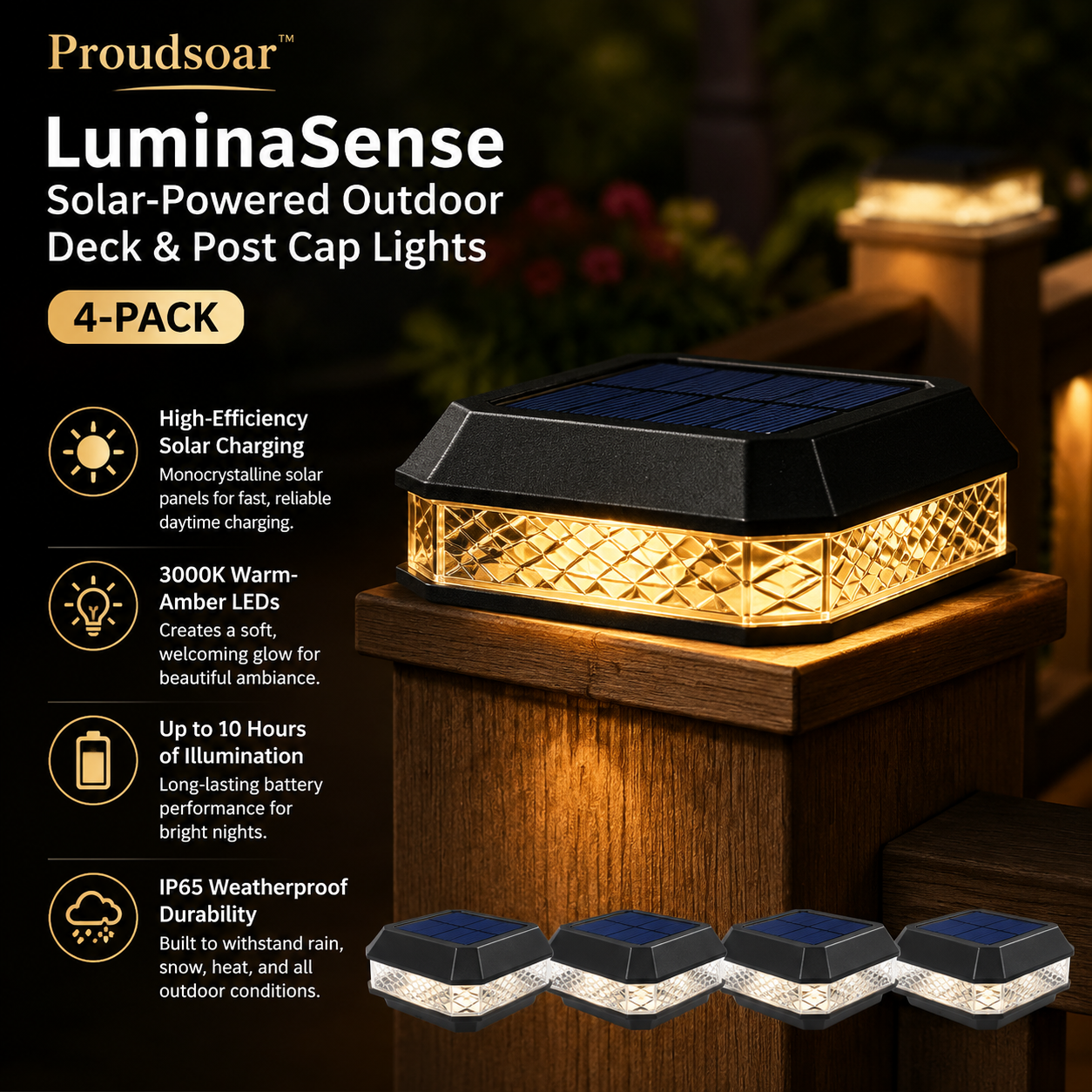Proudsoar™ LuminaSense Solar-Powered Outdoor Deck &amp; Post Cap Lights (4-Pack)